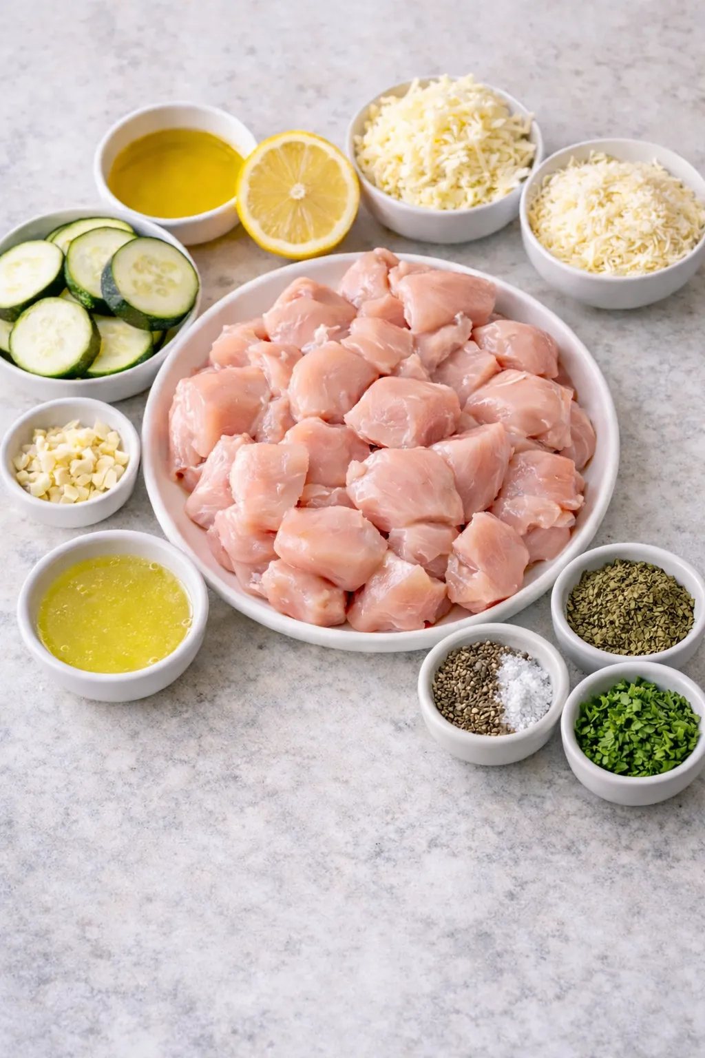 Ingredients for Mediterranean chicken zucchini bake including chicken breast chunks, zucchini slices, olive oil, lemon juice, garlic, mozzarella, Parmesan, herbs, salt and black pepper
