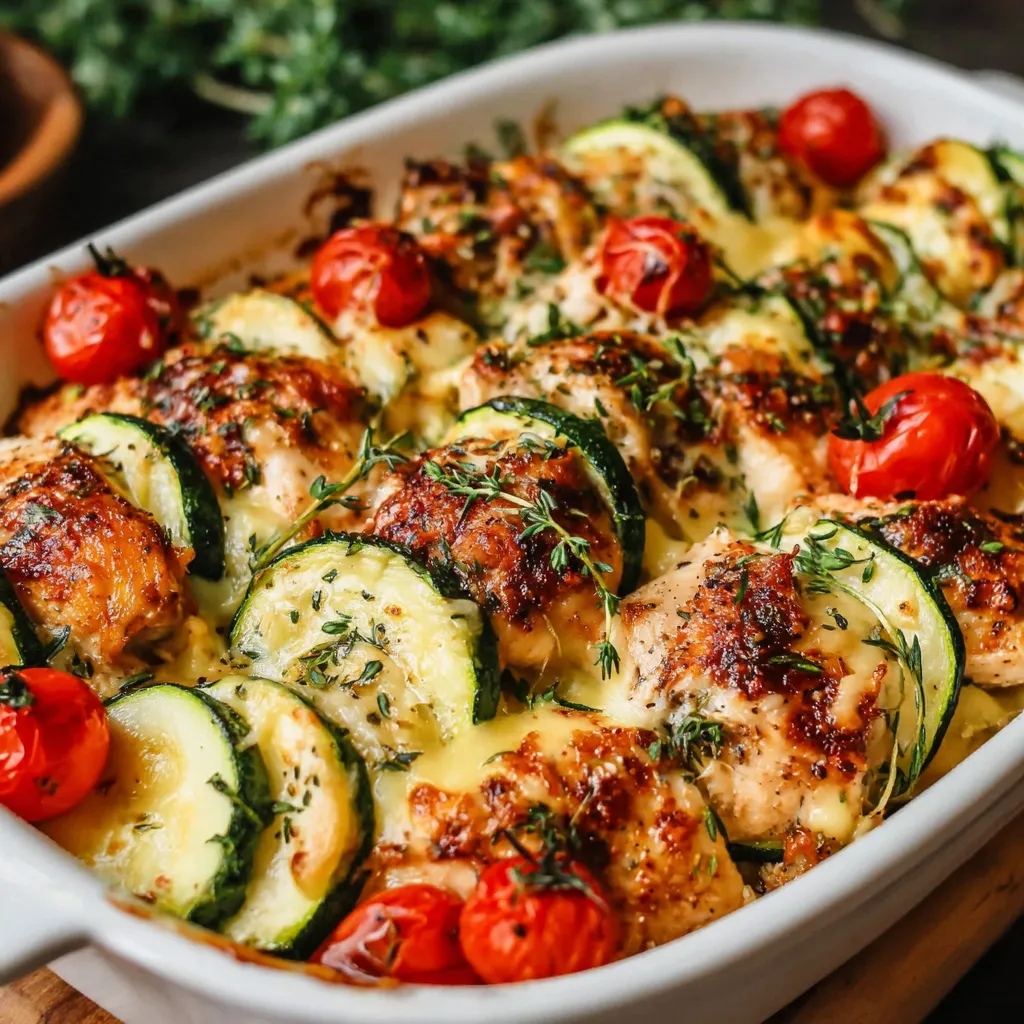 Baked Mediterranean chicken with zucchini rounds, cherry tomatoes, garlic, herbs and melted cheese in a white baking dish
