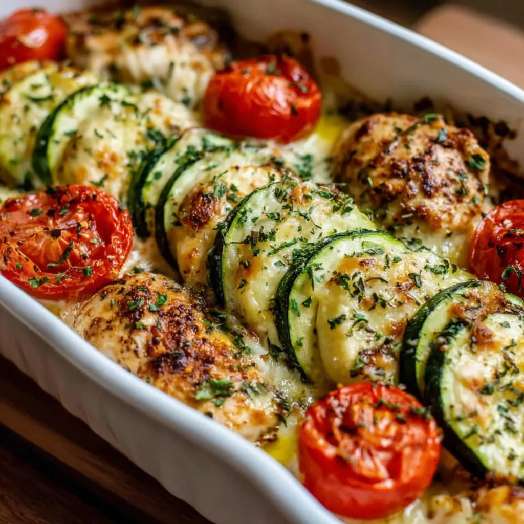 Mediterranean chicken zucchini bake with roasted cherry tomatoes, melted mozzarella, herbs and golden baked chicken