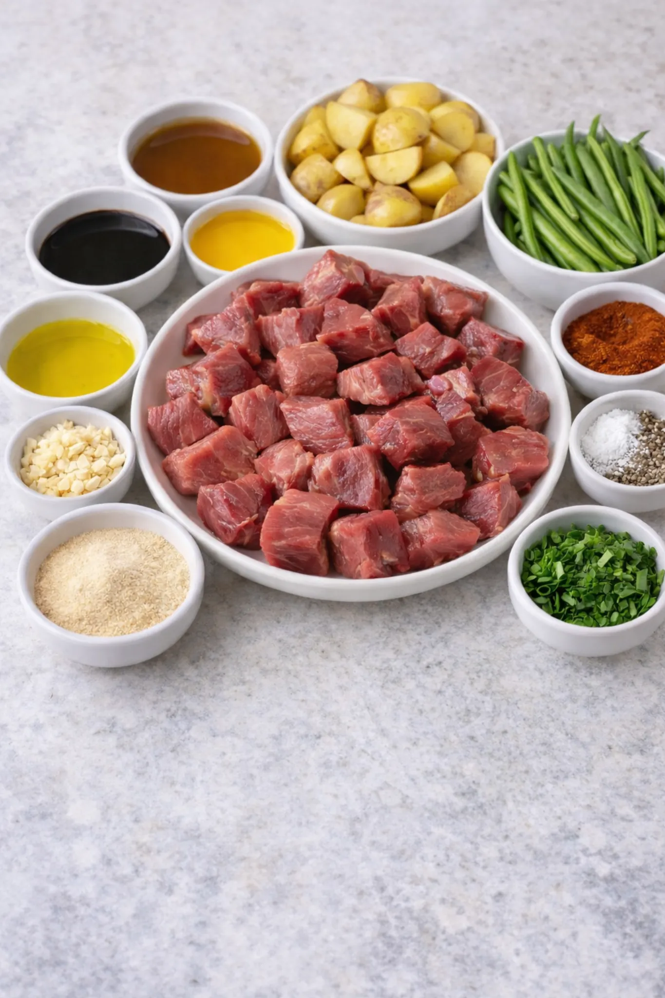 Ingredients for garlic balsamic steak bites: cubed raw steak, baby potatoes, green beans, garlic, olive oil, soy sauce, balsamic vinegar, beef broth, paprika, salt and black pepper arranged in bowls