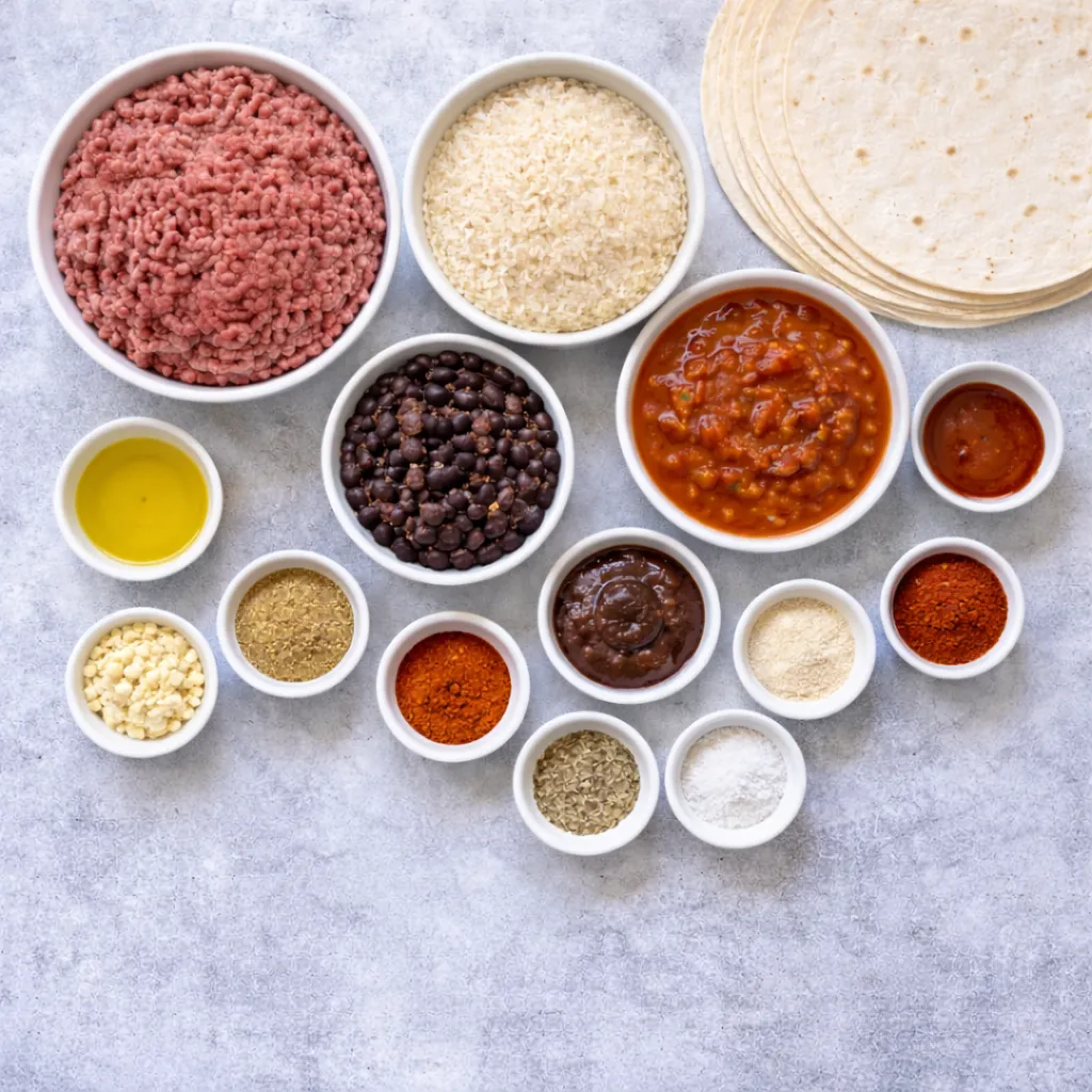Flat lay of beef burrito ingredients: ground beef, rice, tortillas, black beans, salsa, BBQ sauce, grated cheese, olive oil, garlic, cumin, paprika, oregano, onion powder, chili powder, salt and pepper