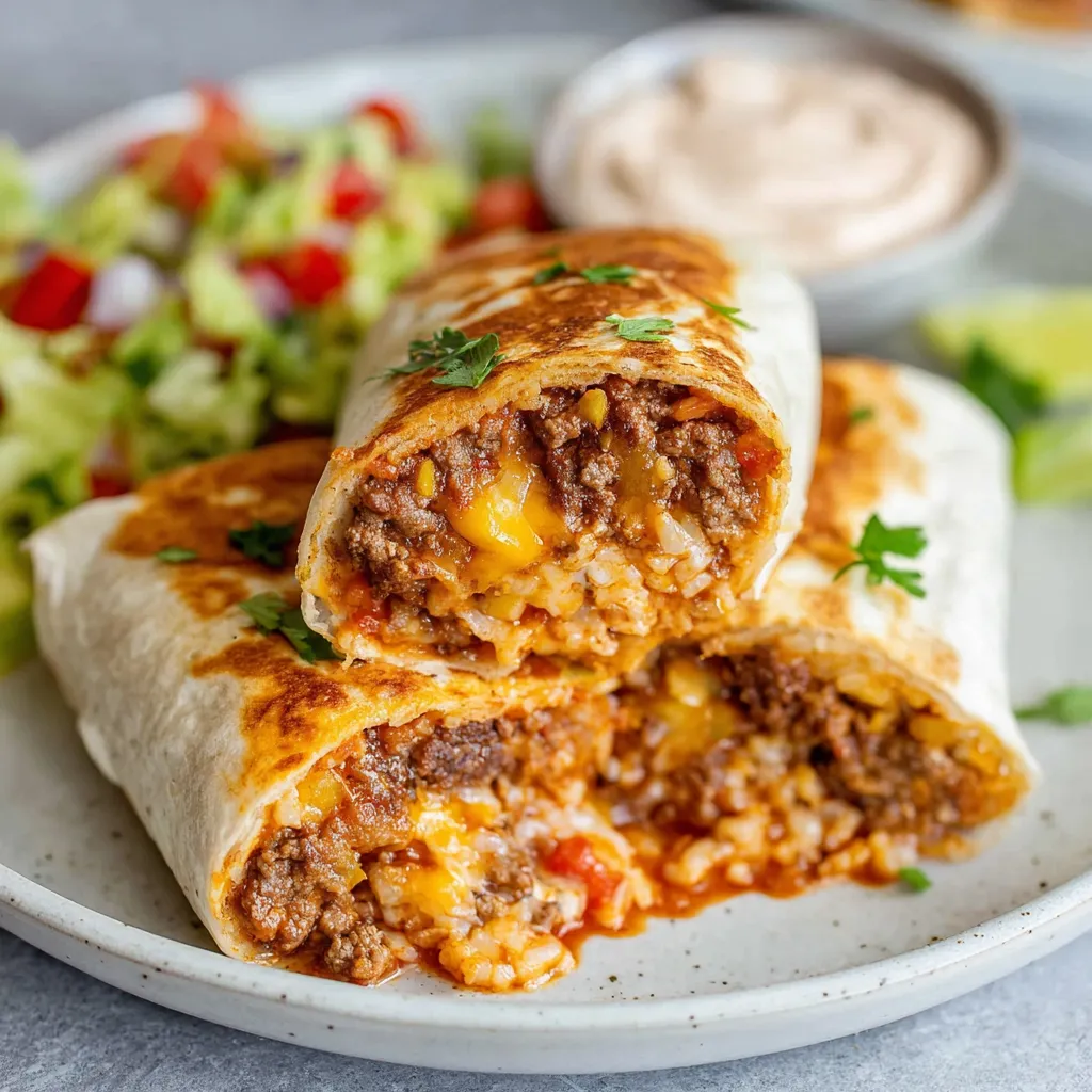 Beef burrito cut in half, filled with seasoned ground beef, rice and melted cheese, served on a plate with lime wedges, salad and creamy dipping sauce