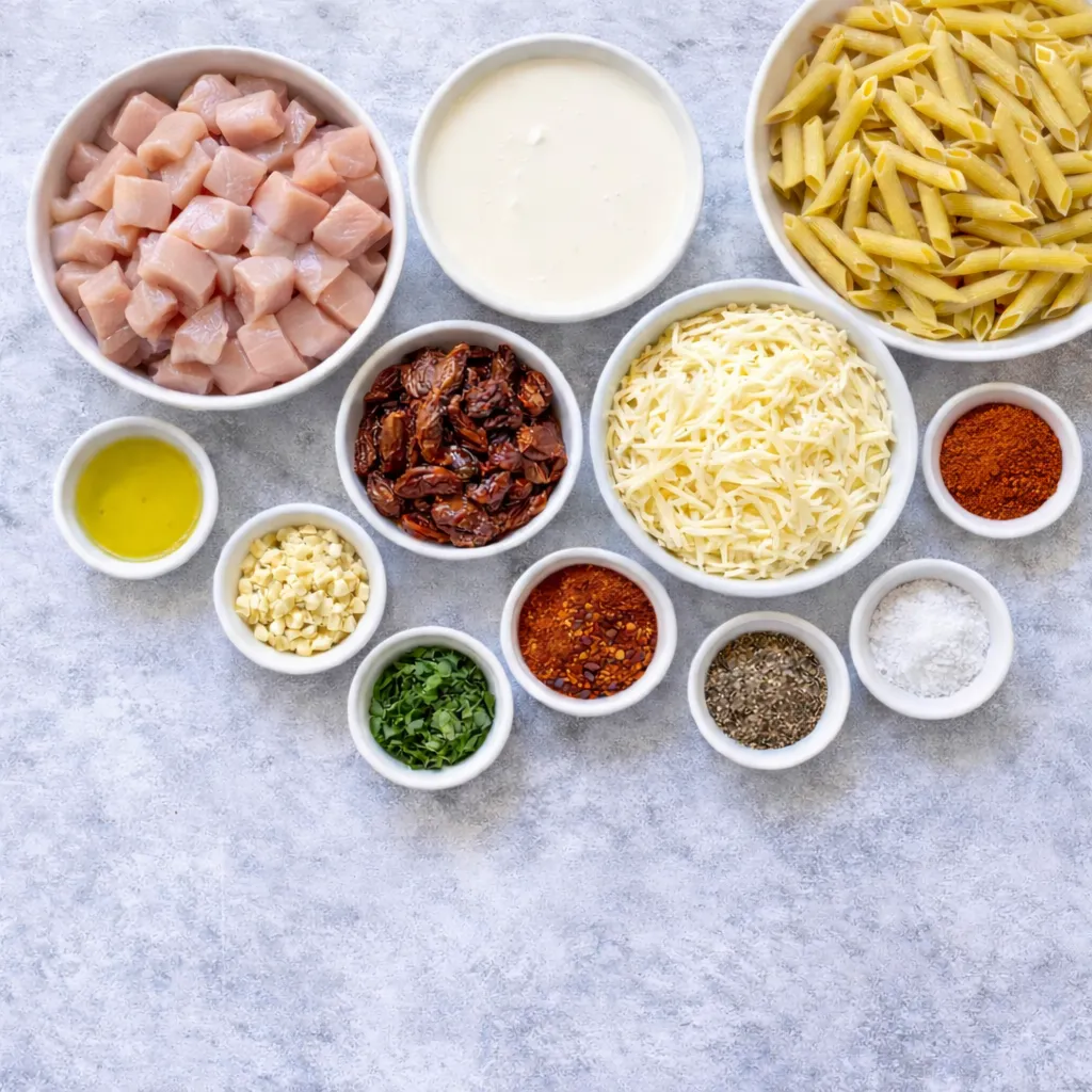 Overhead ingredients for chicken sun-dried tomato pasta: cubed chicken breast, penne, heavy cream, mozzarella, sun-dried tomatoes, minced garlic, olive oil, paprika, black pepper, salt, red pepper flakes, fresh basil
