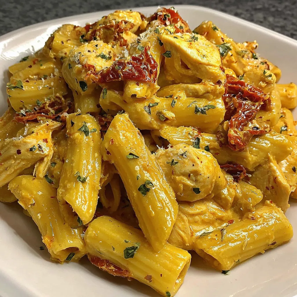 Creamy chicken and sun-dried tomato penne pasta coated in rich mozzarella sauce with herbs, served in a white bowl