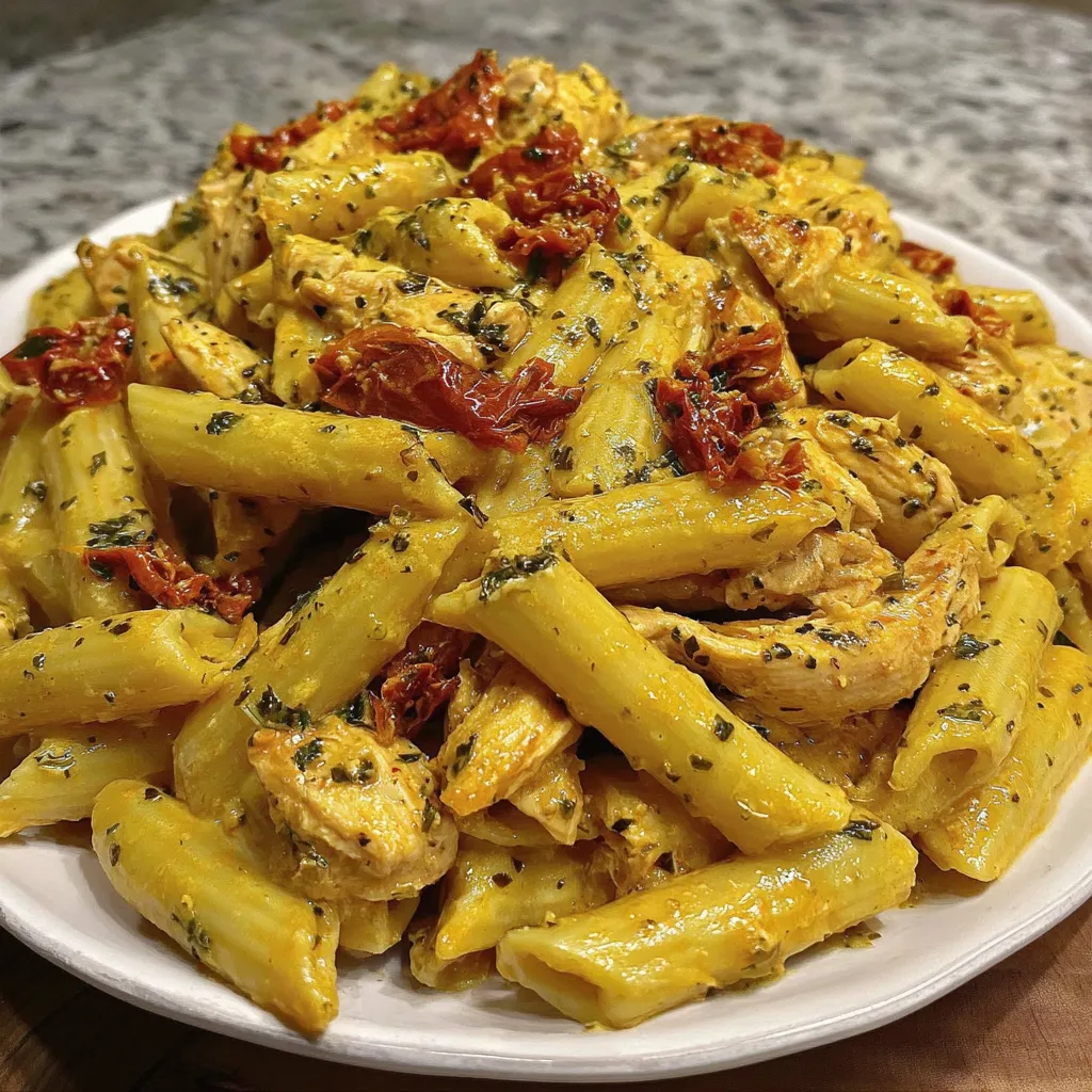 Creamy chicken and sun-dried tomato pasta with penne, shredded chicken, herbs and golden mozzarella sauce served in a white bowl