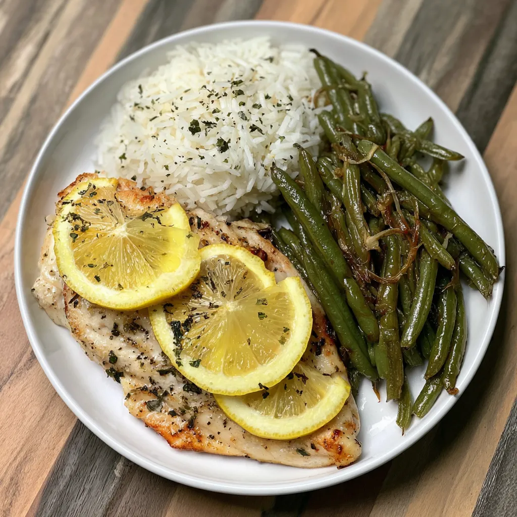 Lemon Garlic Butter Tilapia served with jasmine rice and sautéed green beans, topped with lemon slices in a white bowl
