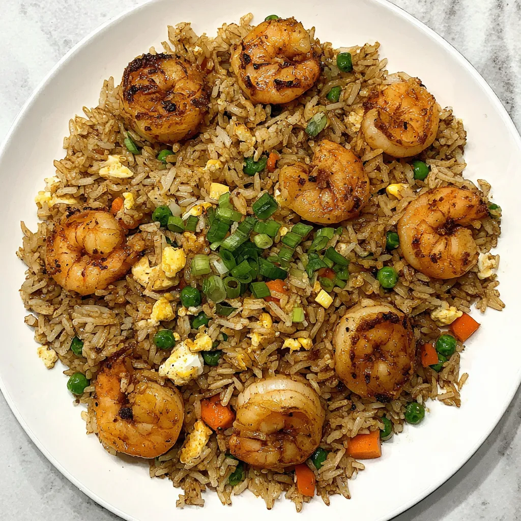 Shrimp fried rice topped with sautéed shrimp, peas, carrots, scrambled eggs and chopped green onions in a white bowl