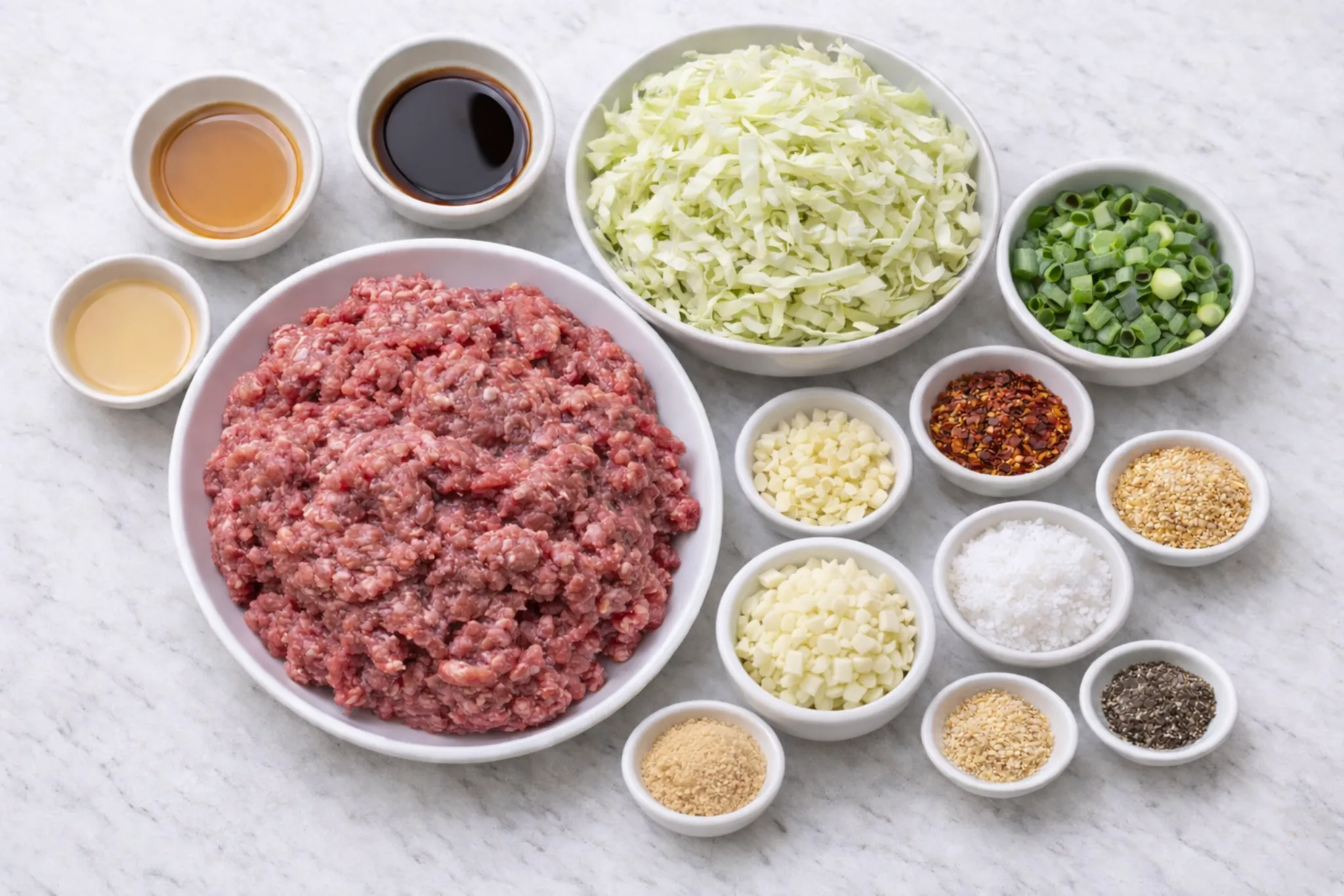 ground beef cabbage stir fry ingredients arranged in bowls with minced beef, shredded cabbage, garlic, soy sauce, sesame oil, green onions and spices