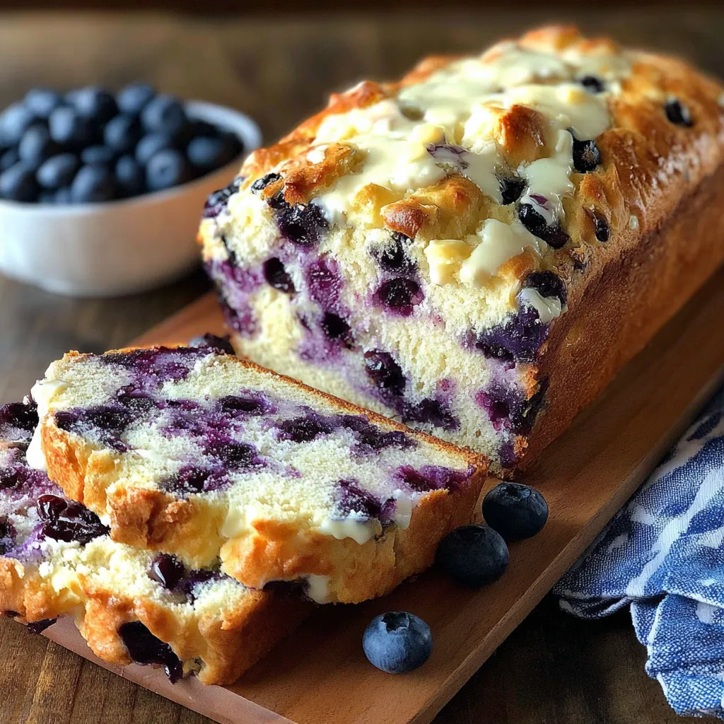 Blueberry cream cheese bread sliced on a wooden board with fresh blueberries