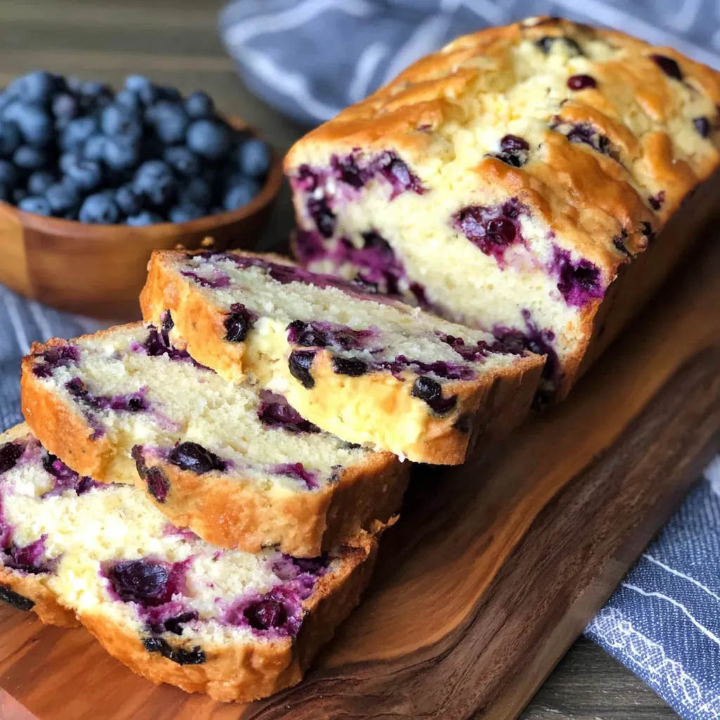 Blueberry cream cheese bread loaf sliced on wooden board with fresh blueberries