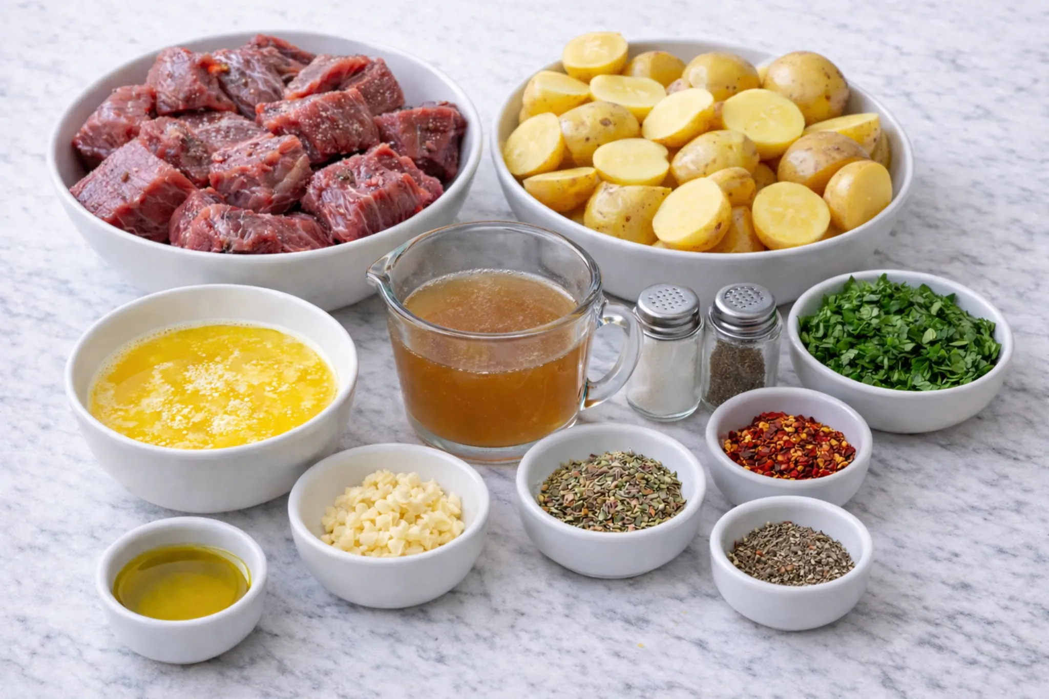 ingredients for slow cooker garlic butter beef with potatoes including beef chuck, baby potatoes, garlic, butter, parsley, herbs, and beef broth
