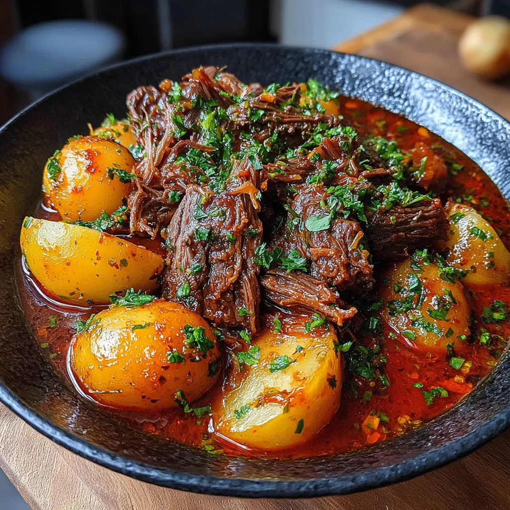 slow cooker garlic butter beef with potatoes in rich sauce topped with fresh parsley