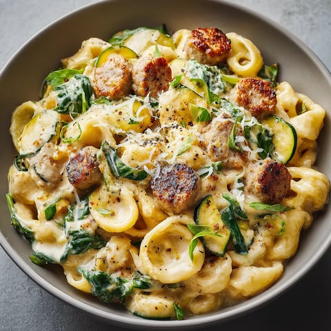 A bowl of pasta with meat and vegetables.
