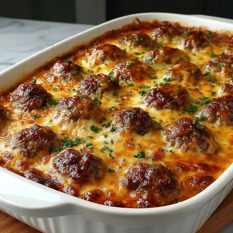 A casserole with meatballs and cheese.