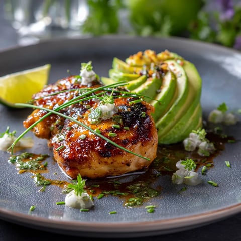 A plate of food with chicken and avocado.