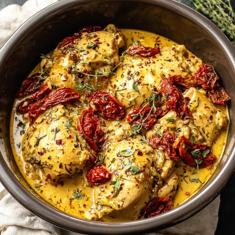A bowl of chicken with red peppers and spices.