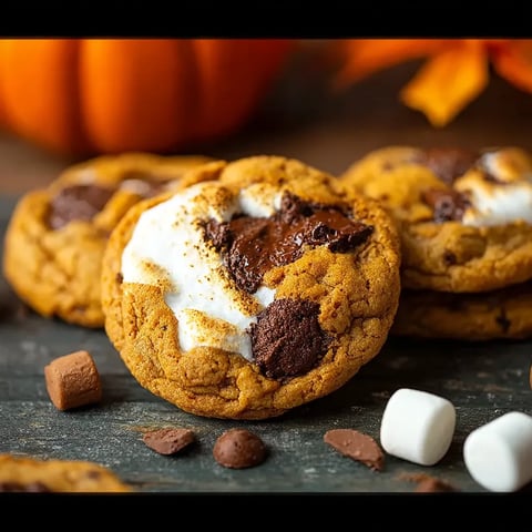 A close up of a pumpkin s'mores cookie.