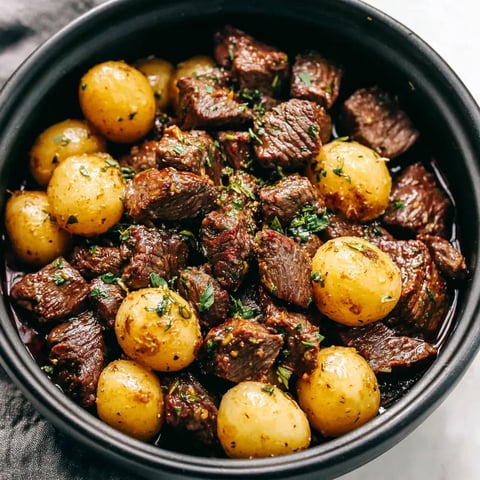 A bowl of beef and potatoes.