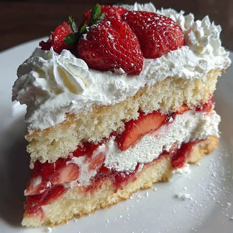 A slice of strawberry shortcake cake.