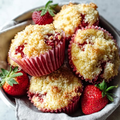 A bowl of muffins with strawberries on top.