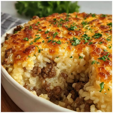 A cheesy ground beef rice casserole.