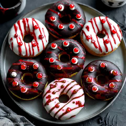 A plate of donuts with red and white icing and red and white sprinkles.
