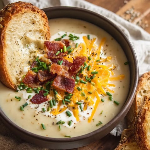 A bowl of cheesy potato soup with bacon bits on top.