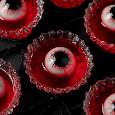 A close up of a red jello shot with a black eye.