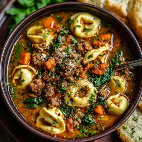 A bowl of soup with meatballs and pasta.