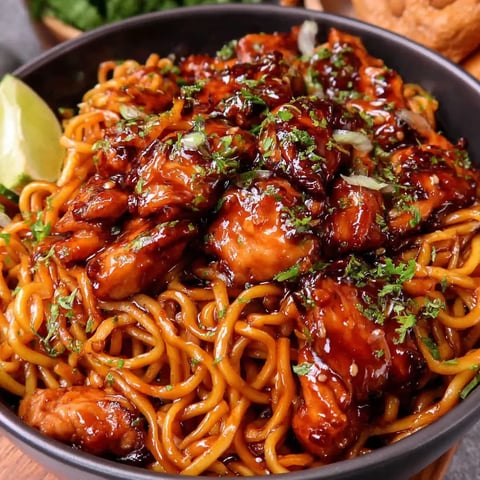 A bowl of chicken noodles with honey garlic sauce.