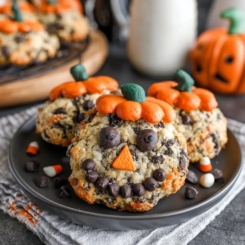 chocolate chip cookies with a pumpkin face on a plate.
