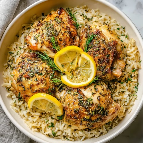 A bowl of rice and chicken with lemon and herbs.