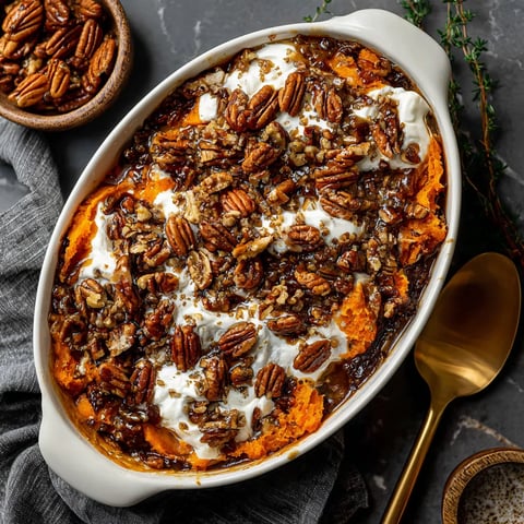 A white bowl filled with a sweet potato casserole.