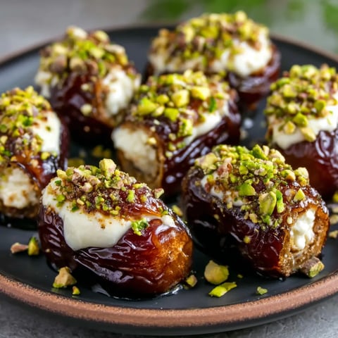 A plate of honey pistachio ricotta stuffed dates.