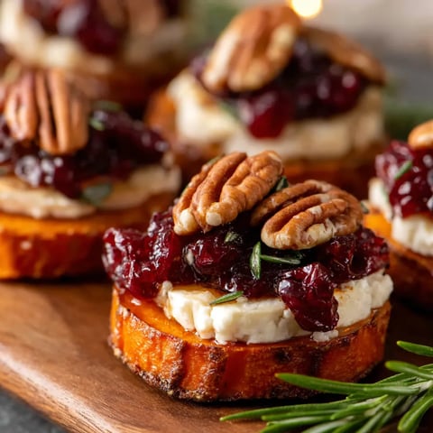 Sweet potato rounds with brie, cranberry and pecans.