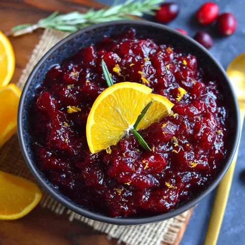 A bowl of homemade cranberry sauce with a lemon wedge on top.
