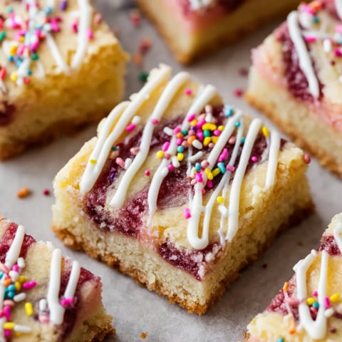 A close up of a cookie bar with white icing and sprinkles.
