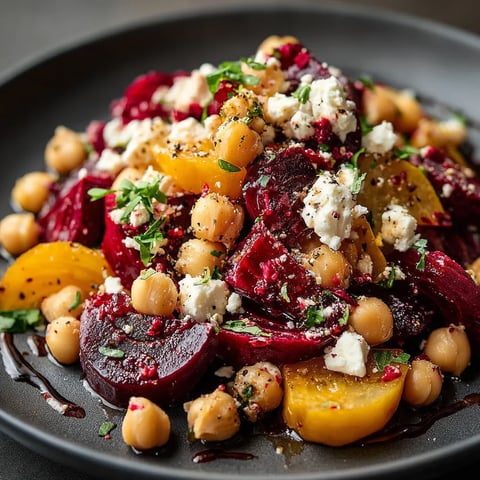 A plate of food with chickpeas, beets, feta cheese, and other ingredients.