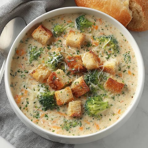 Creamy Smoked Gouda Broccoli Soup in a bowl with toasted croutons, fresh broccoli, grated carrots and herbs, served with bread — warm cozy comfort soup.