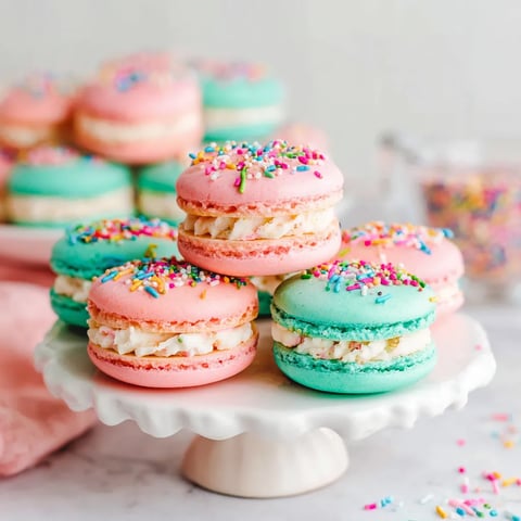 Birthday Cake Macarons stacked on a dessert stand – pastel macarons with bright sprinkles and creamy birthday cake filling.