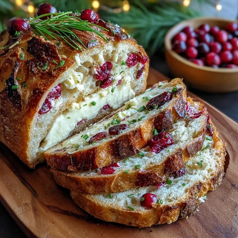 Cranberry Goat Cheese Sourdough loaf filled with melted goat cheese, cranberries, and herbs, golden and crispy on a wooden board.