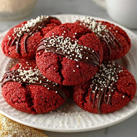 Hershey’s Red Velvet Blossoms Cookies topped with a drizzle of chocolate and white sprinkles, soft red velvet texture perfect for Christmas baking.