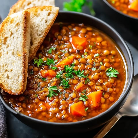 Best Lentil Soup in a black bowl with carrots, parsley, and bread slices – hearty and flavorful comfort food.