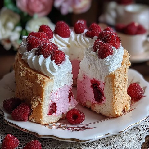 Raspberry angel food cake with whipped cream and fresh raspberries, sliced to show the light fluffy pink cake interior