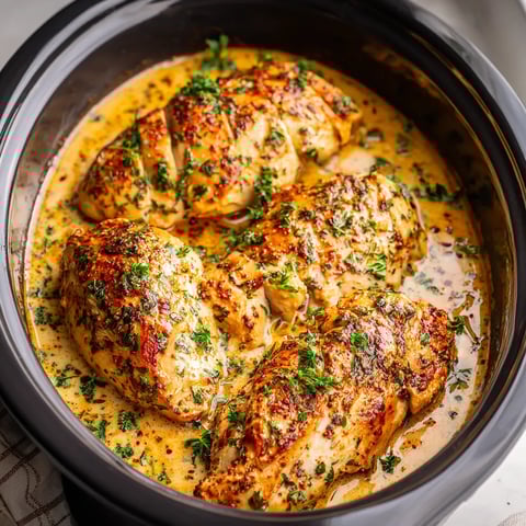 Creamy Ranch Chicken Crock Pot with tender chicken breasts cooking in a rich and creamy ranch sauce