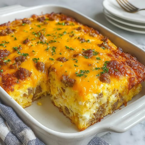 Overnight cheesy sausage and hashbrown breakfast casserole baked in a white dish with melted cheddar cheese and herbs.
