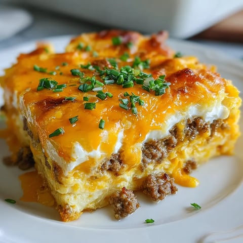 overnight cheesy breakfast casserole with sausage hash browns and melted cheddar.