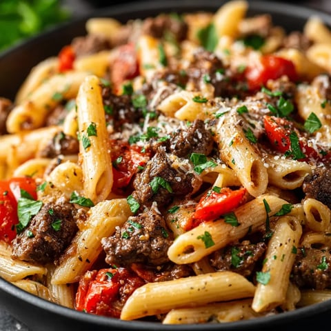 Delicious garlic beef pasta made with tender slow cooker beef, penne pasta, fresh garlic, Parmesan cheese, and herbs, served in a black skillet