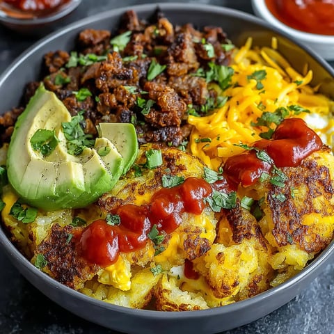 Hash brown breakfast bowl with sausage, eggs, cheddar cheese, avocado and salsa