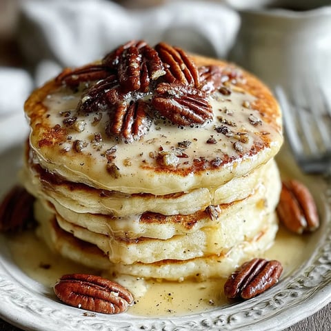 Fluffy butter pecan pancakes stacked high, topped with toasted pecans and drizzled with creamy maple syrup, perfect for a cozy breakfast